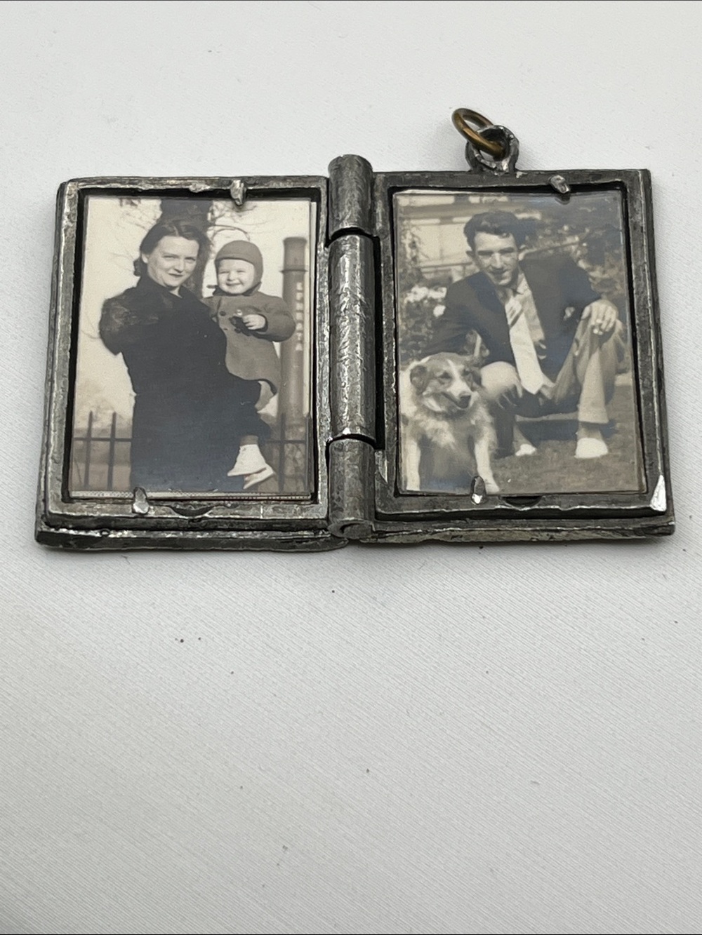 1940s medical caduceus filigree book locket pendant with old photos